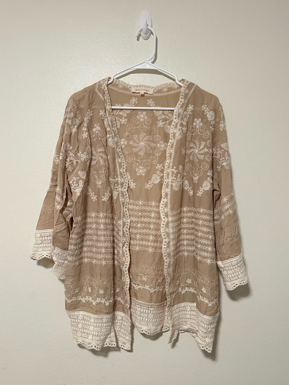 Anthropologie Solitaire Boho Embroidered Open-Front Kimono Cardigan